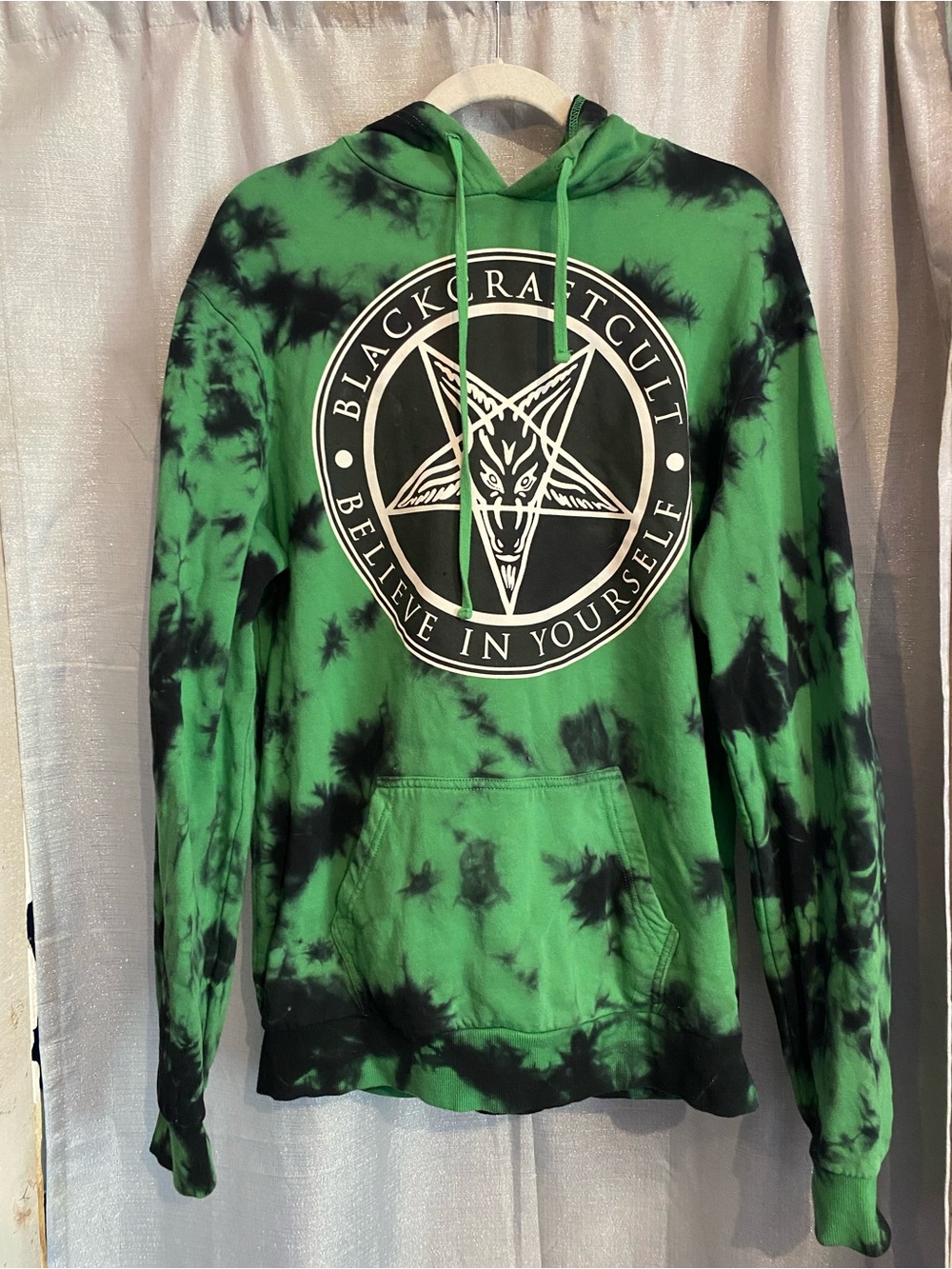 Blackcraft Cult tie dye Baphomet graphic and the text "Believe in Yourself hoodi